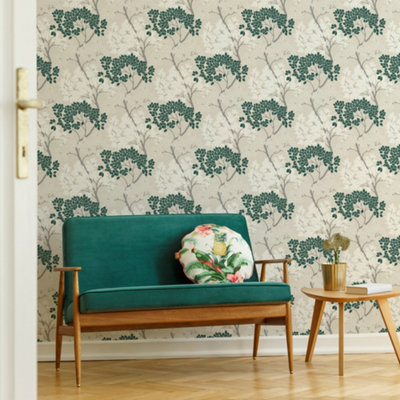 Fresco Dark Green Lykke Floral Tree Wallpaper | DIY at B&Q