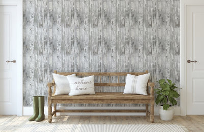 Fresco Distressed Wood Panel Grey Wallpaper