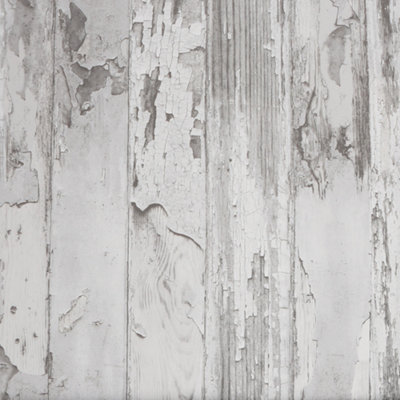 Fresco Distressed Wood Panel Grey Wallpaper