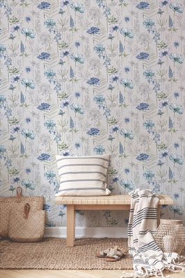 Fresco Floral Sketch Blue Wallpaper