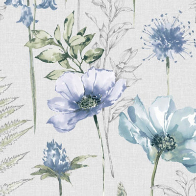 Fresco Floral Sketch Blue Wallpaper