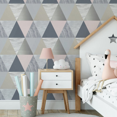 Fresco Harlequin Navy & Pink Geometric Wallpaper