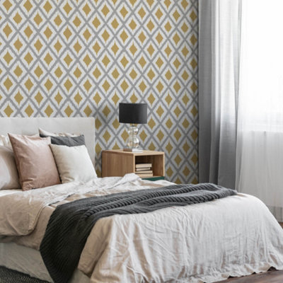 Fresco Ikat Geometric Ochre Wallpaper