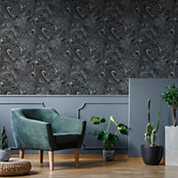 Fresco Liquid Marble Black & Copper Wallpaper