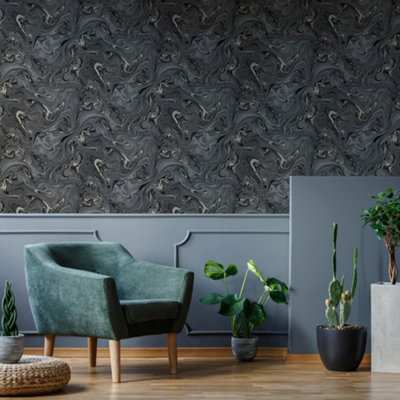 Fresco Liquid Marble Black & Copper Wallpaper