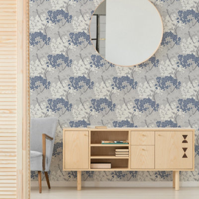 Fresco Lykke Tree Floral Navy Wallpaper