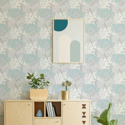 Fresco Lykke Tree Floral Sky Blue Wallpaper