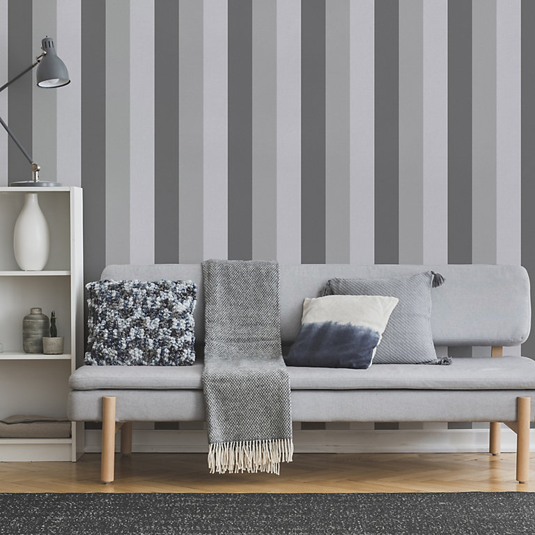 Fresco Retro Striped Grey Wallpaper | DIY at B&Q