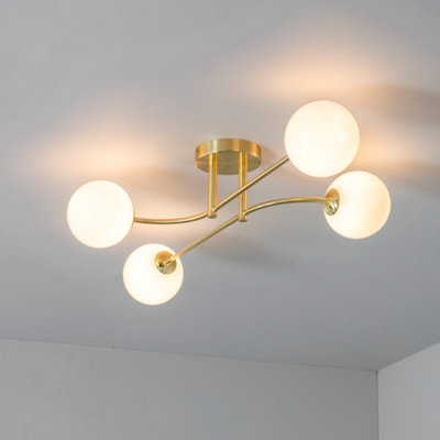 Fresco Satin Brushed Gold with Gloss Opal Glass Shades Trendy 4 Light Semi Flush Ceiling Light