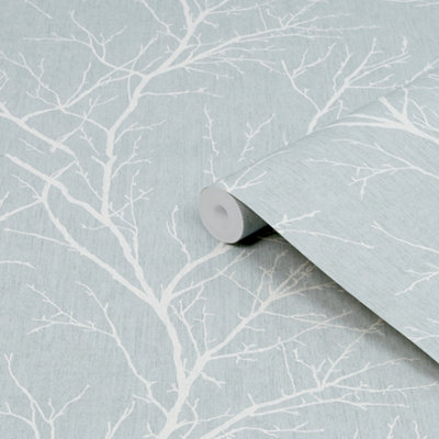 Fresco Winter Tree Duck Egg Blue Wallpaper