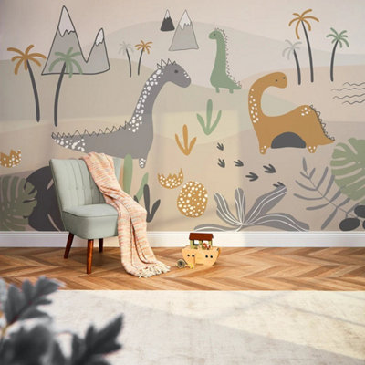 Friendly Dinos Mural in Earthy Tones