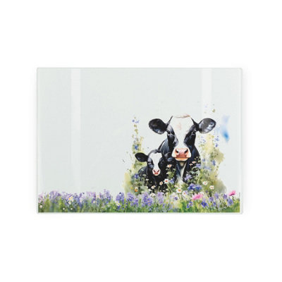 Friesian Cow Glass Worktop Saver - Kitchen Chopping Board Worktop Protector with Non-Slip Feet