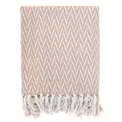 Fringed Throw Blanket Brown Chevron Zig Zag Knit  Cotton Bed Sofa Chair Throw with Tassels 155 x 130cm