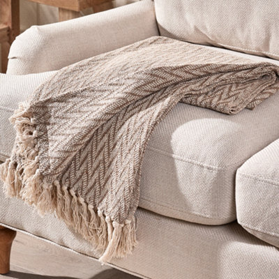 Fringed Throw Blanket Brown Chevron Zig Zag Knit  Cotton Bed Sofa Chair Throw with Tassels 155 x 130cm - 3