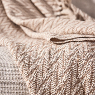 Fringed Throw Blanket Brown Chevron Zig Zag Knit  Cotton Bed Sofa Chair Throw with Tassels 155 x 130cm - 5