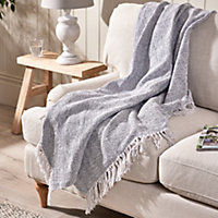 Fringed Throw Blanket Grey Bed Sofa Chair Throw with Tassels 180 x 130cm