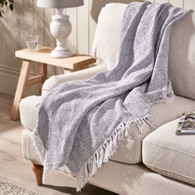 Fringed Throw Blanket Grey Bed Sofa Chair Throw with Tassels 180 x 130cm