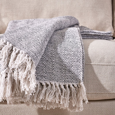 Fringed Throw Blanket Grey Bed Sofa Chair Throw with Tassels