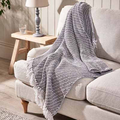 Fringed Throw Blanket Striped Knit Black White Bed Sofa Chair Throw with Tassels 170 x 130cm DIY at B Q