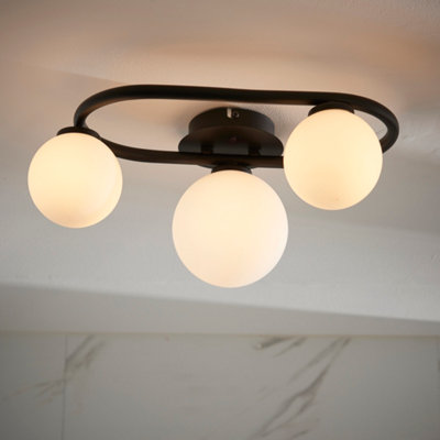 Frio Matt Black with Matt White Glass Shade Contemporary 3 Light Semi Flush Bathroom Light