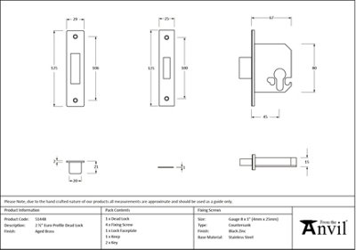 From The Anvil Aged Brass 2 1/2" Euro Profile Dead Lock