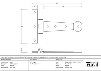 From The Anvil Beeswax 6 Inch Penny End T Hinge (pair)