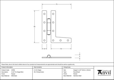 From The Anvil Pewter 3.25 Inch HL Hinge (pair)