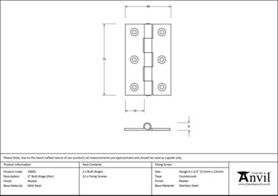 From The Anvil Pewter 3 Inch Butt Hinge (pair)