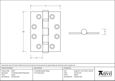 From The Anvil Pewter 4 Inch Ball Bearing Butt Hinge (Pair) ss