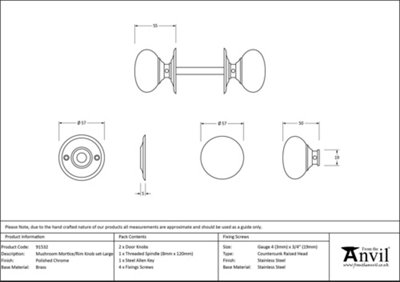 From The Anvil Polished Chrome 57mm Mushroom Mortice/Rim Knob Set