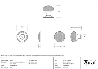 From The Anvil Polished Nickel Hammered Mushroom Cabinet Knob 32mm