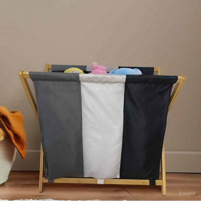 Froppi 143L Laundry Basket, Washing Hamper, Foldable Bamboo Laundry Organiser, 3 Laundry Bags with Removable Liners L70 W40 H64 cm