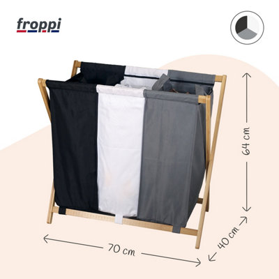Froppi 143L Laundry Basket, Washing Hamper, Foldable Bamboo Laundry Organiser, 3 Laundry Bags with Removable Liners L70 W40 H64 cm