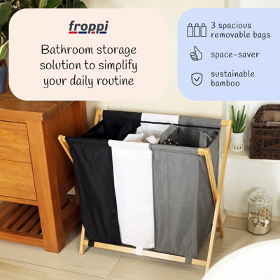 Froppi 143L Laundry Basket, Washing Hamper, Foldable Bamboo Laundry Organiser, 3 Laundry Bags with Removable Liners L70 W40 H64 cm