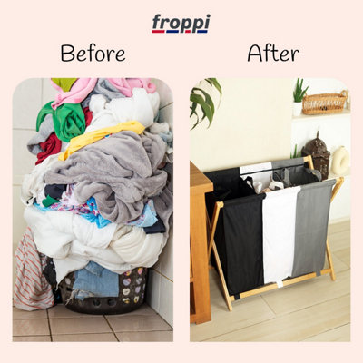 Froppi 143L Laundry Basket, Washing Hamper, Foldable Bamboo Laundry Organiser, 3 Laundry Bags with Removable Liners L70 W40 H64 cm