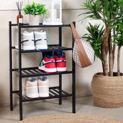 Froppi 4 Tier Shoe Rack for Shoe Storage, Black Bamboo Wooden Space Saving Rack, Shoe Organizer Shelf L45.2 W29.5 H72.4 cm