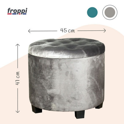 Froppi 42L Storage Footstool, Storm Grey Velvet Upholstered Ottoman Stool, Padded Vanity Stool, Round Footrest Stool D45 H41 cm