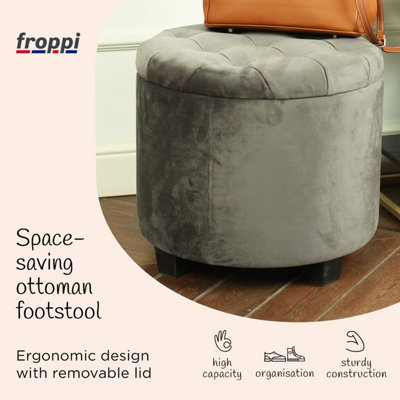 Froppi 42L Storage Footstool, Storm Grey Velvet Upholstered Ottoman Stool, Padded Vanity Stool, Round Footrest Stool D45 H41 cm