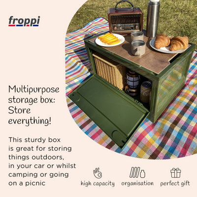 Froppi 45L Multi-Purpose Camping Large Green Plastic Collapsible Storage Box with Wooden Lid L50.5 W36 H29 cm
