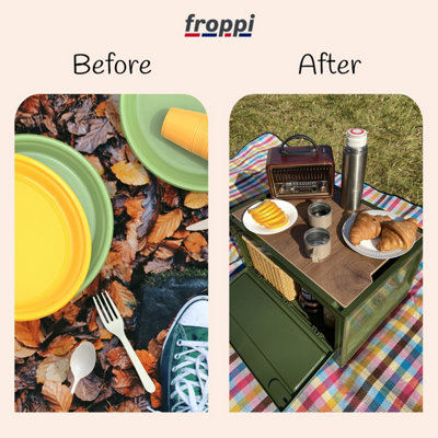 Froppi 45L Multi-Purpose Camping Large Green Plastic Collapsible Storage Box with Wooden Lid L50.5 W36 H29 cm