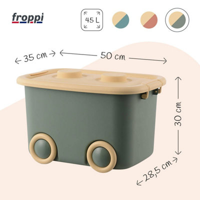 Froppi 45L Wheeled Storage Box, Green Plastic Storage Box with Lid, Stackable Storage Box, Kids Toy Storage Box L50 W35 H30 cm