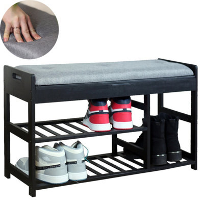 Froppi™ 80cm Shoe Bench, Black Wooden Shoe Rack with Padded Seat and Hidden Storage L80 W29.5 H49 cm