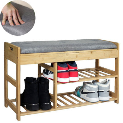 Froppi™ 80cm Shoe Bench, Wooden Shoe Rack with Padded Seat and Hidden Storage L80 W29.5 H49 cm