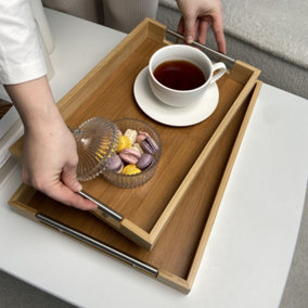 Froppi  Bamboo Serving Tray Set of 2, Outdoor Tray, Lightweight Dining Tray, Snack Tray, Vanity Tray, Trinket Tray, Wooden Tray