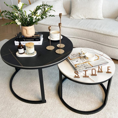 Froppi™ Coffee Table Set of 2 Marble Nesting Tables Black D70 H45 cm and White D50 H38 cm Sintered Stone Slab