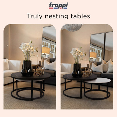 Froppi™ Coffee Table Set of 2 Marble Nesting Tables Black D70 H45 cm and White D50 H38 cm Sintered Stone Slab