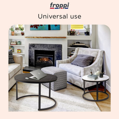 Froppi™ Coffee Table Set of 2 Marble Nesting Tables Black D70 H45 cm and White D50 H38 cm Sintered Stone Slab