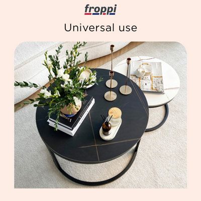 Froppi™ Coffee Table Set of 2 Marble Nesting Tables Black D70 H45 cm and White D50 H38 cm Sintered Stone Slab