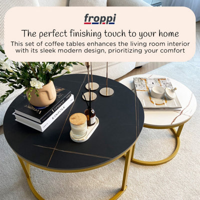 Froppi™ Coffee Table Set of 2 Marble Nesting Tables Black D70 H45 cm and White D50 H38 cm Sintered Stone