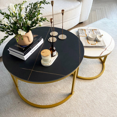 Froppi™ Coffee Table Set of 2 Marble Nesting Tables Black D70 H45 cm and White D50 H38 cm Sintered Stone